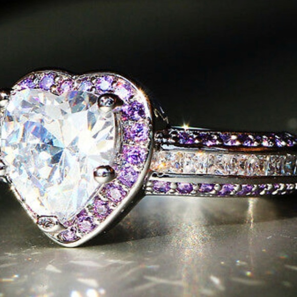925 Princess Cut 3.8 CT Purple CZ Heart Ring - Picture 5 of 9
